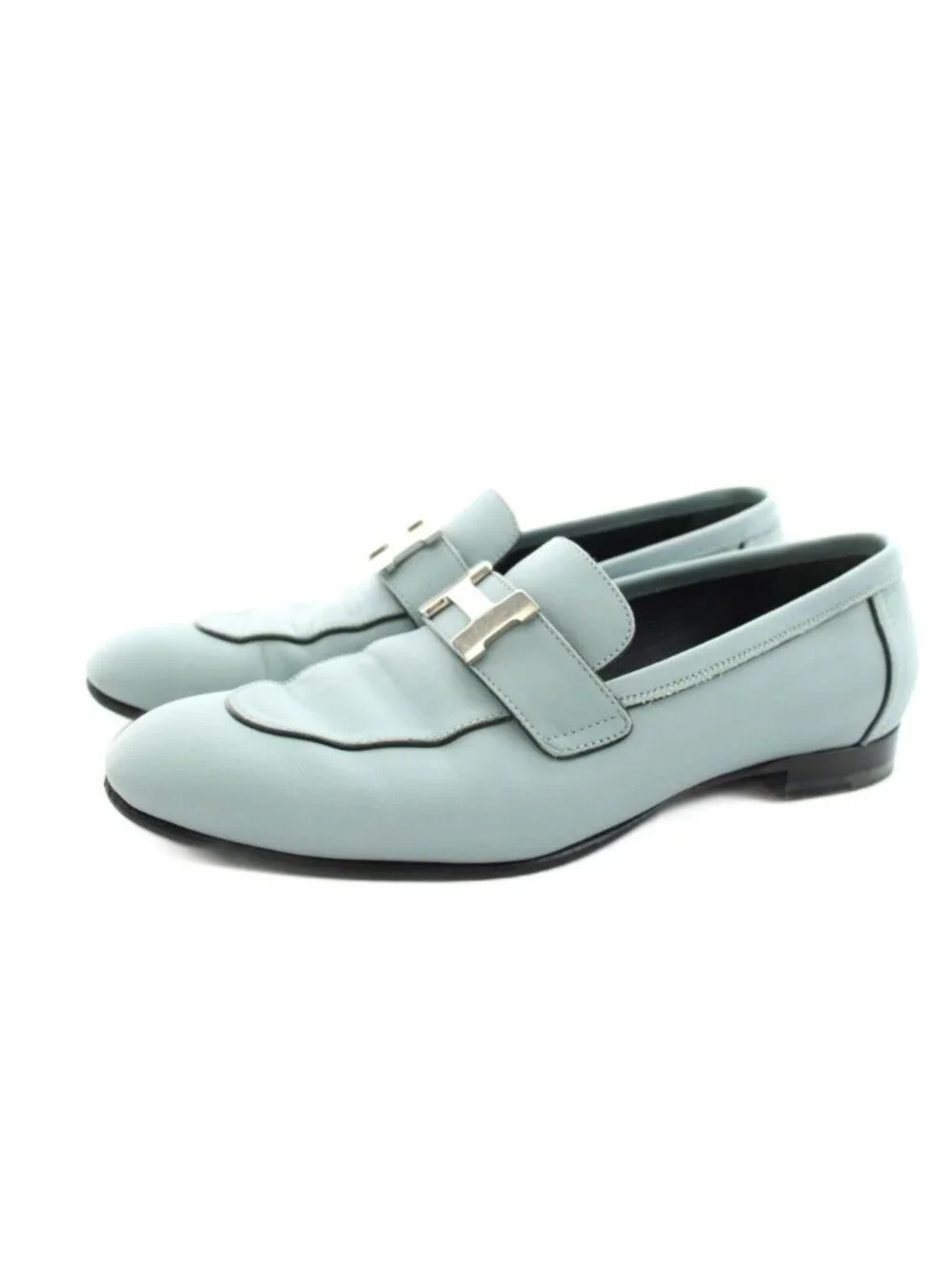 Hermes Moccasin Paris Loafers Leather Logo Chunky Heels 36.5 Light Blue